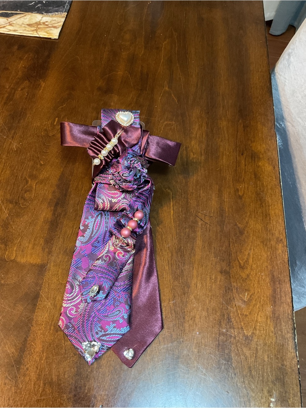 Elegant Purple/Burgundy Statement Necklace with Beaded and Satin Accents